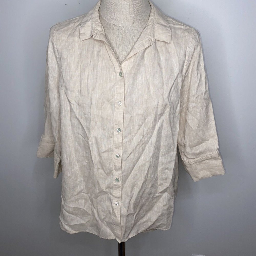 Chico's Tan Women Linen Shirt Tunic Top Button Down Sz 3 XL Blouse Shirt
